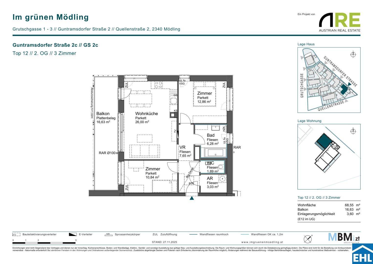 Grundriss einer Wohnung mit Wohnküche, zwei Zimmern und Balkon.