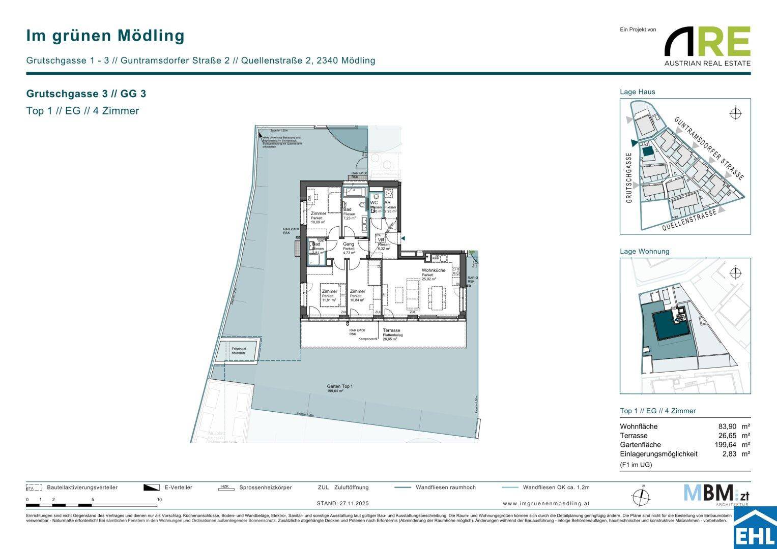 Grundriss einer Erdgeschosswohnung mit Garten, Terrasse und vier Zimmern.