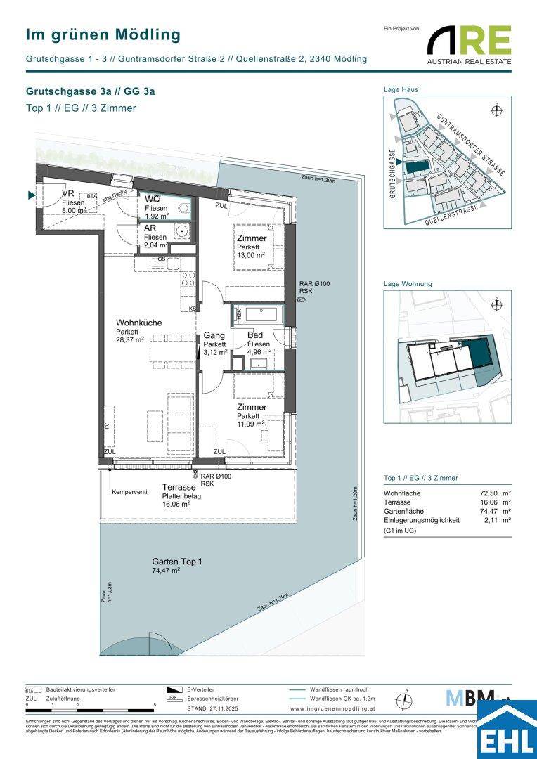 Detaillierter Grundriss einer Wohnung mit Wohnküche, Terrasse und Garten.
