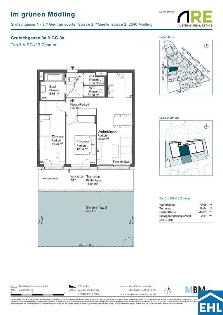 Grundriss einer 3-Zimmer-Wohnung mit offener Wohnküche, Terrasse und Gartenanteil.