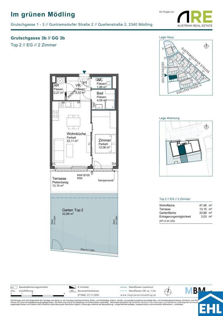 Grundriss einer 2-Zimmer-Wohnung mit Terrasse und Gartenanteil.