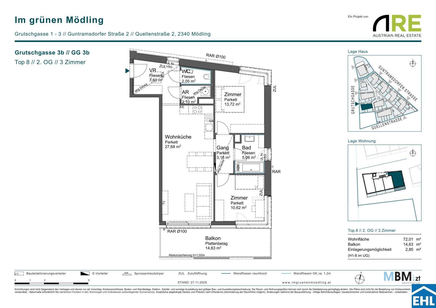 Detaillierter Grundriss einer 3-Zimmer-Wohnung mit Balkon, offener Wohnküche und separatem WC.