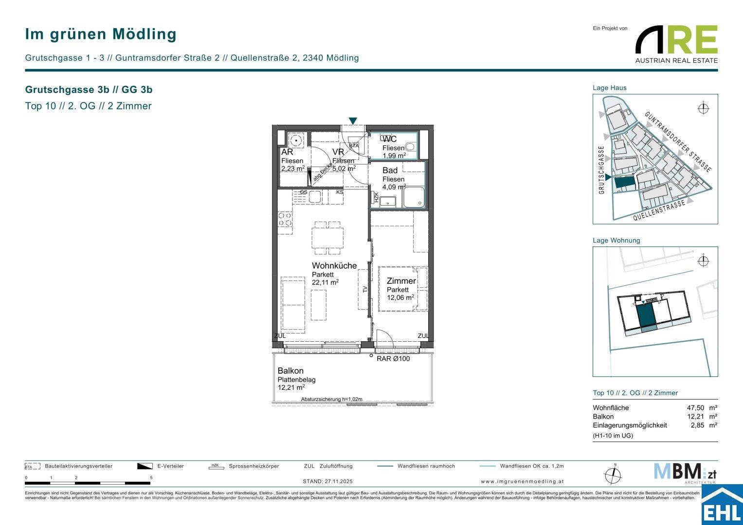 Grundriss einer Zweizimmerwohnung mit Balkon und offener Wohnküche.