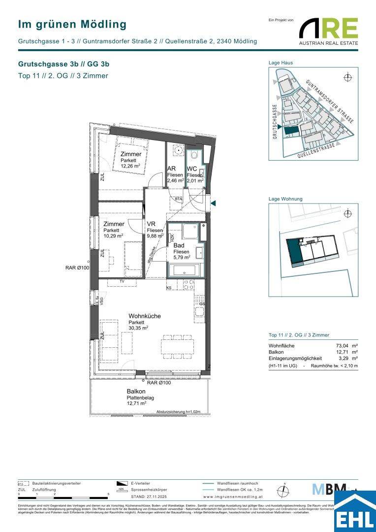Detaillierter Grundriss einer 3-Zimmer-Wohnung mit Wohnküche und Balkon.
