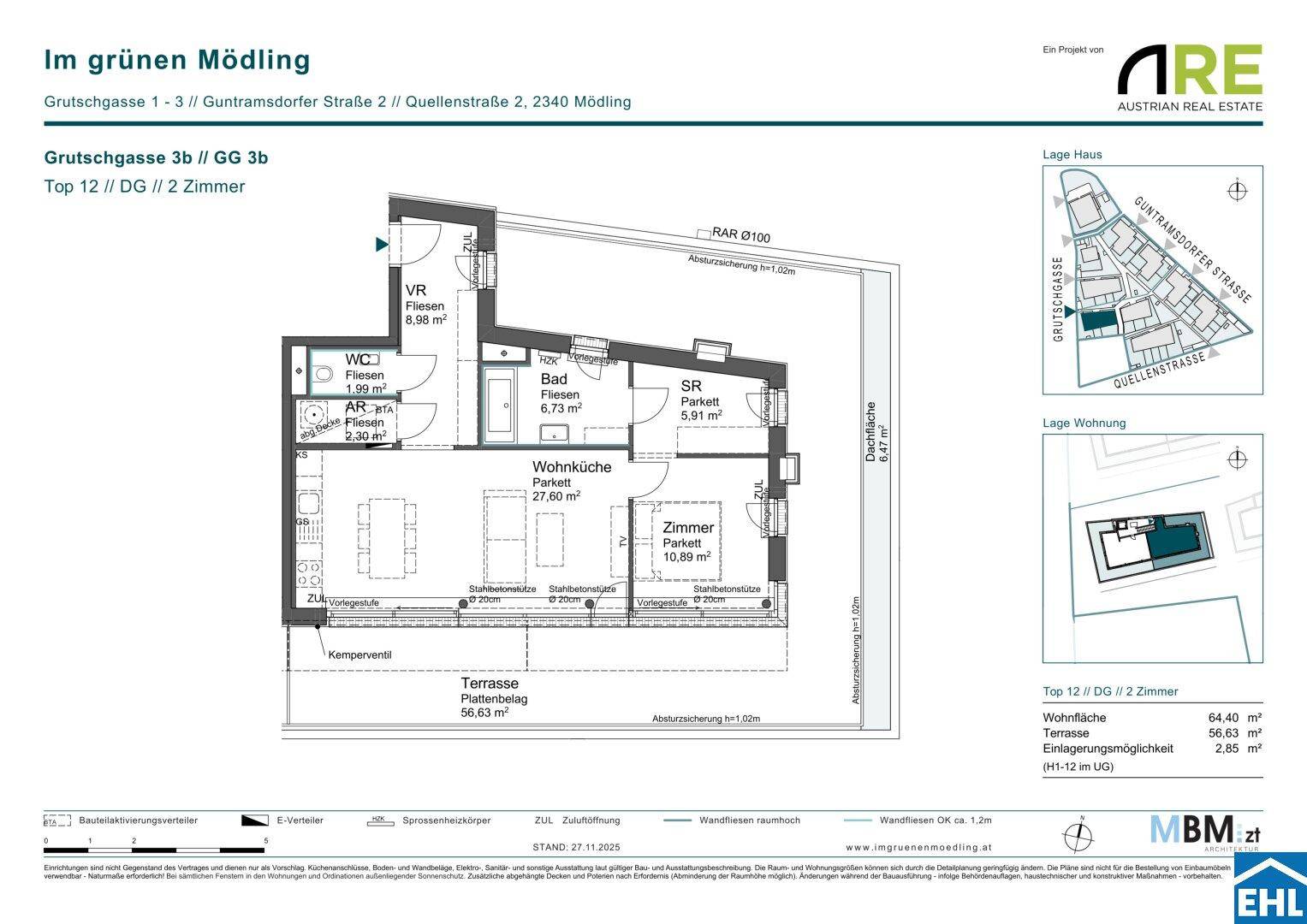 Grundriss einer 2-Zimmer-Wohnung mit Terrasse, offenem Wohnbereich und separatem WC.