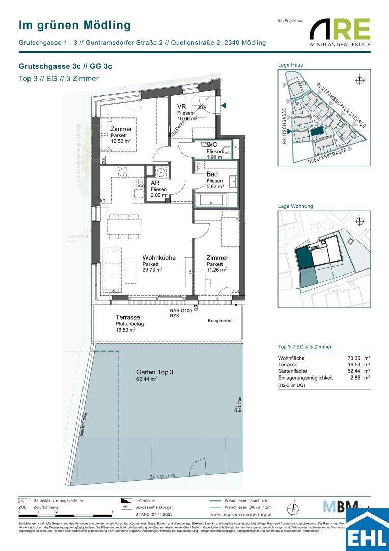 Detaillierter Grundriss einer Wohnung mit Terrasse und Gartenanteil im Erdgeschoss.