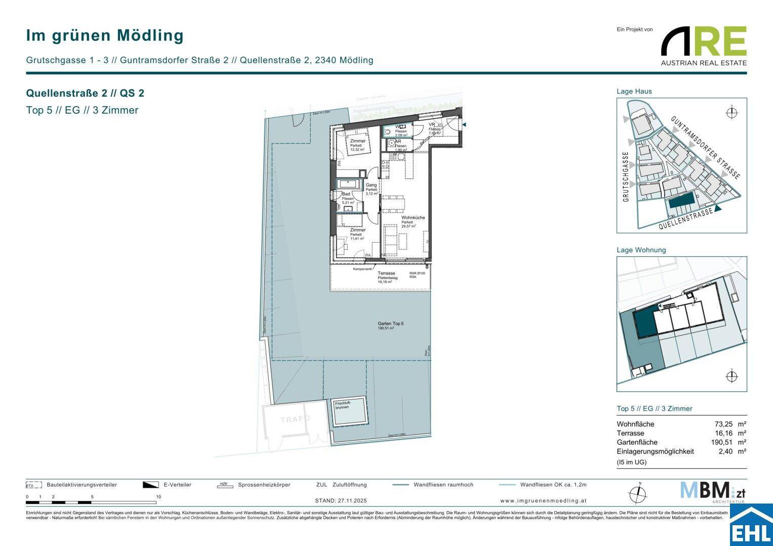 Grundriss einer Wohnung mit Garten, Lageplan der Wohnanlage und weiteren Details.