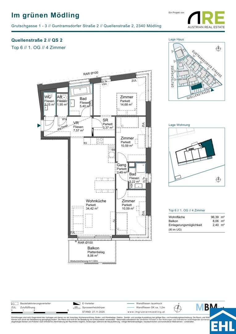 Detaillierter Grundriss einer 4-Zimmer-Wohnung mit Balkon und zwei Bädern.