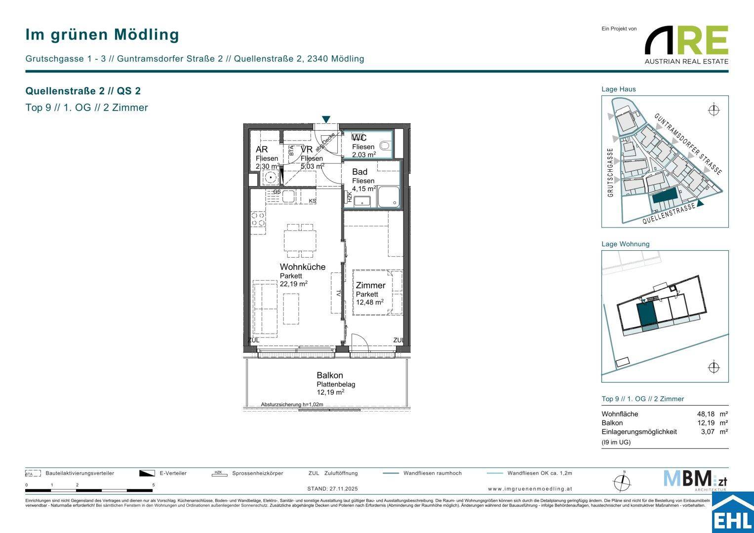 Grundriss einer 2-Zimmer-Wohnung mit Wohnküche, Bad und Balkon.