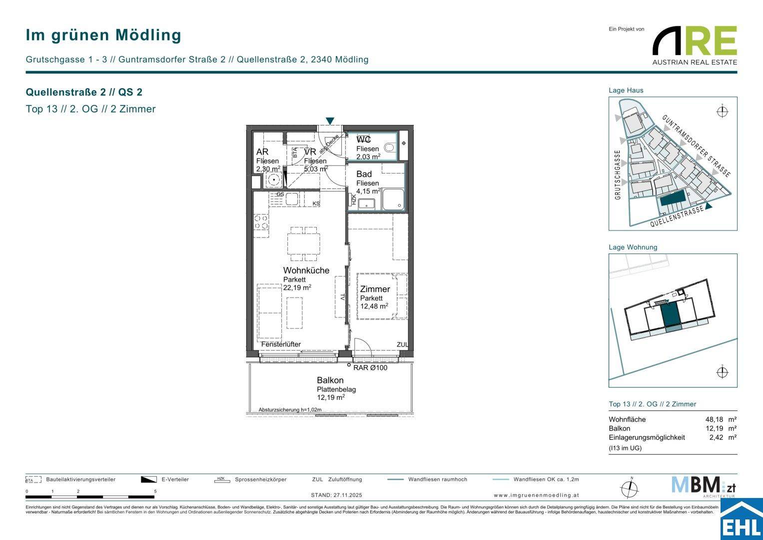 Detaillierter Grundriss einer 2-Zimmer-Wohnung mit Balkon und separatem WC.