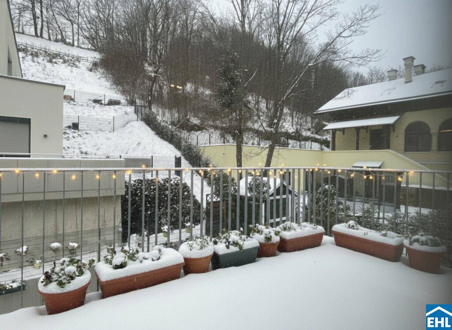Balkon im Winter mit Schnee bedeckt, Topfpflanzen und Blick auf verschneite Hügel.