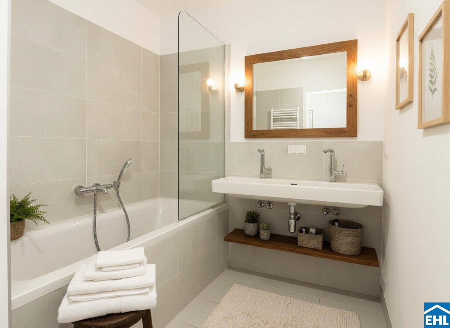 Modernes Badezimmer mit Badewanne, Glasabtrennung und Doppelwaschbecken mit Holzregal.