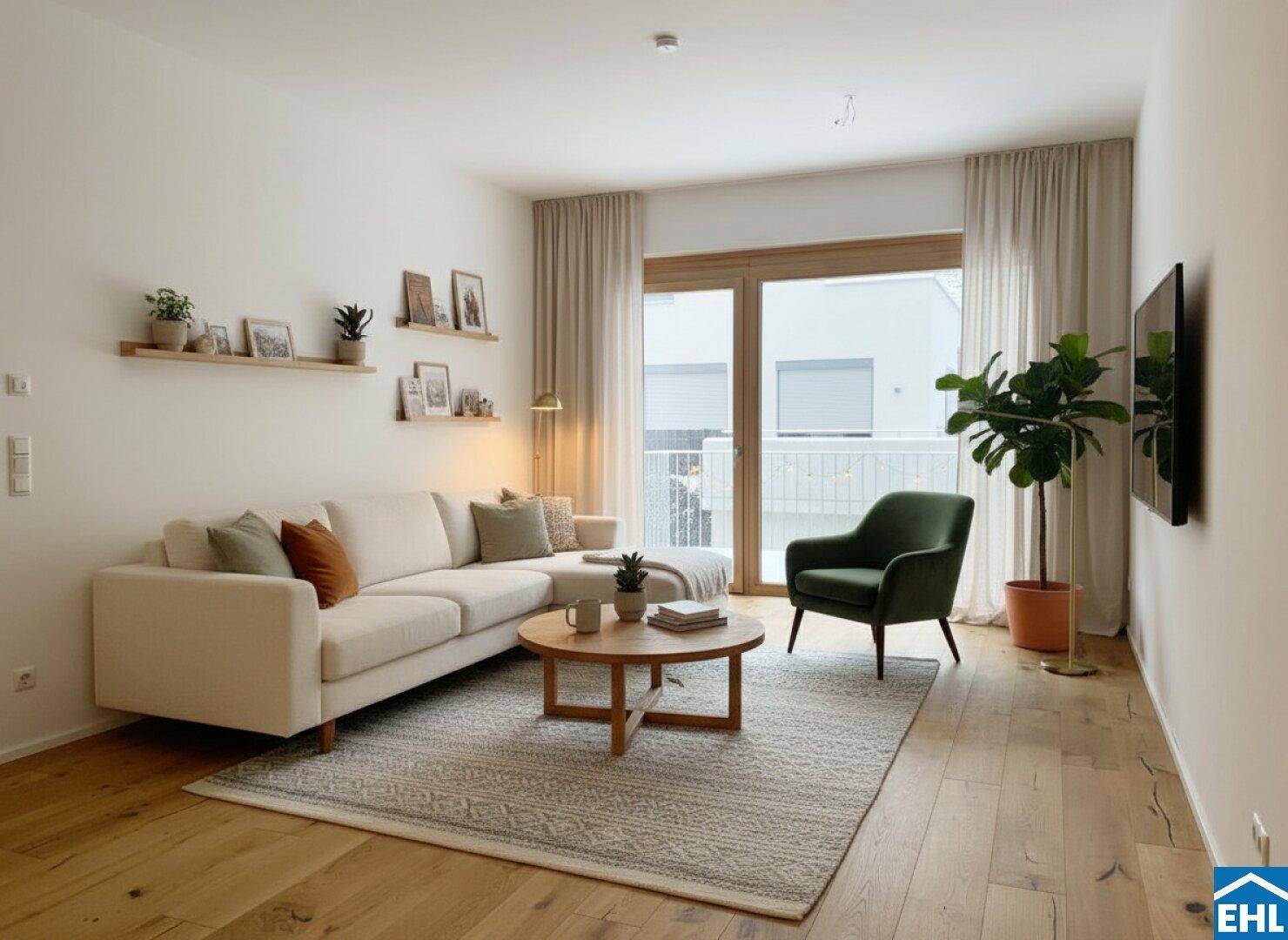 Gemütliches Wohnzimmer mit hellem Sofa, Holzboden und Zugang zu einem Balkon.