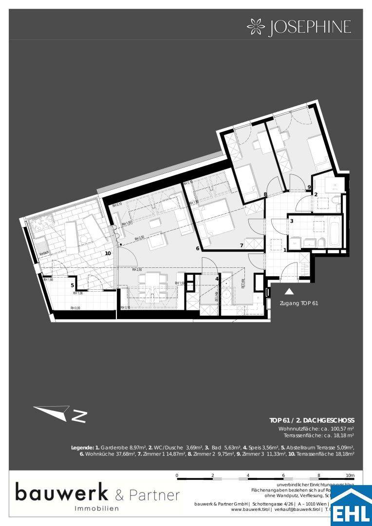 Grundriss einer Dachgeschosswohnung mit drei Schlafzimmern, offenem Wohnbereich, zwei Bädern und großzügigen Terrassen.