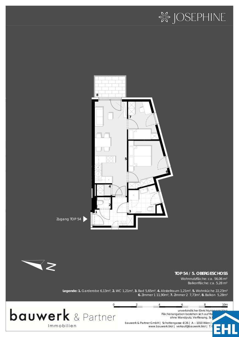 Grundriss der Wohnung TOP 54 im 5. Obergeschoss mit Wohnfläche von 56,06 m² und Balkon.