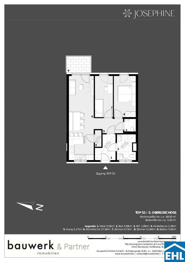 Grundriss einer Wohnung im 5. Obergeschoss mit offenem Wohnbereich, Schlafzimmer, Bad und Balkon.