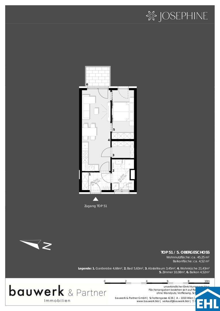 Grundriss einer Wohnung im 5. Obergeschoss mit offenem Wohnbereich, einem Schlafzimmer und Balkon.