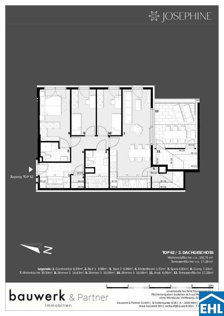 Grundriss einer Dachgeschosswohnung mit drei Schlafzimmern, offenem Wohnbereich und großer Terrasse.