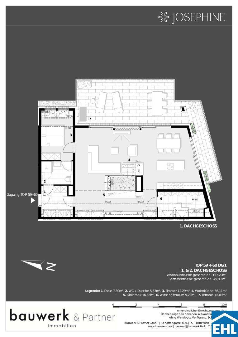 Grundriss des ersten Dachgeschosses mit offenem Wohnbereich, Schlafzimmern und großer Terrasse.