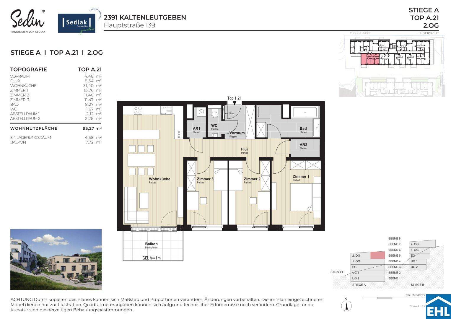 Detaillierter Grundriss einer Wohnung mit drei Zimmern, Balkon und Wohnnutzfläche von 95,27 m².
