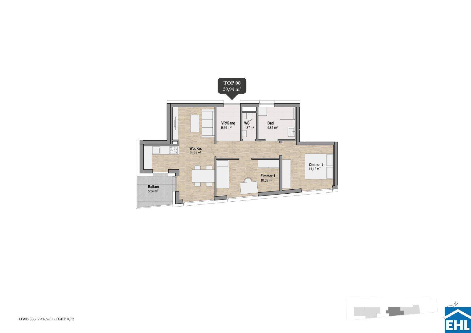 Grundriss einer Wohnung mit offenem Wohn-/Kochbereich, zwei Zimmern, Bad, WC und Balkon.