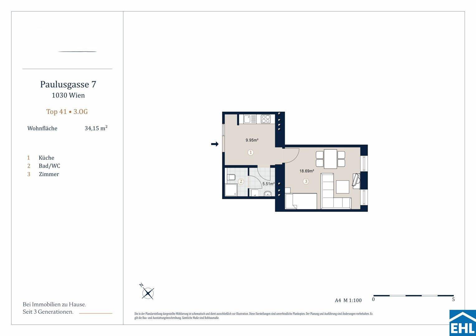 Grundriss einer kompakten Wohnung mit separater Küche, Bad/WC und einem Wohn-/Schlafzimmer.