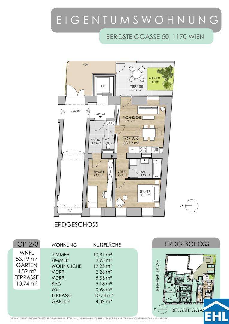 Grundriss einer Erdgeschosswohnung mit Terrasse, Garten und offenem Wohnbereich.
