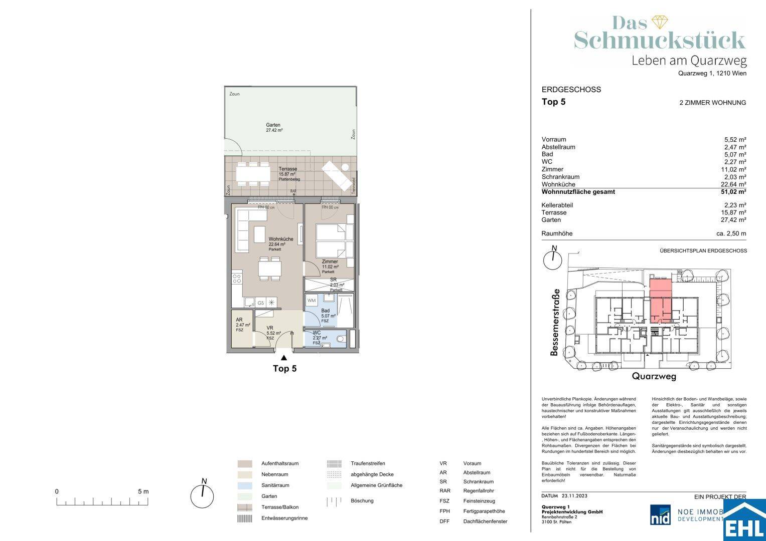 Grundriss der Erdgeschosswohnung Top 5 mit offenem Wohnbereich, Garten und Terrasse.