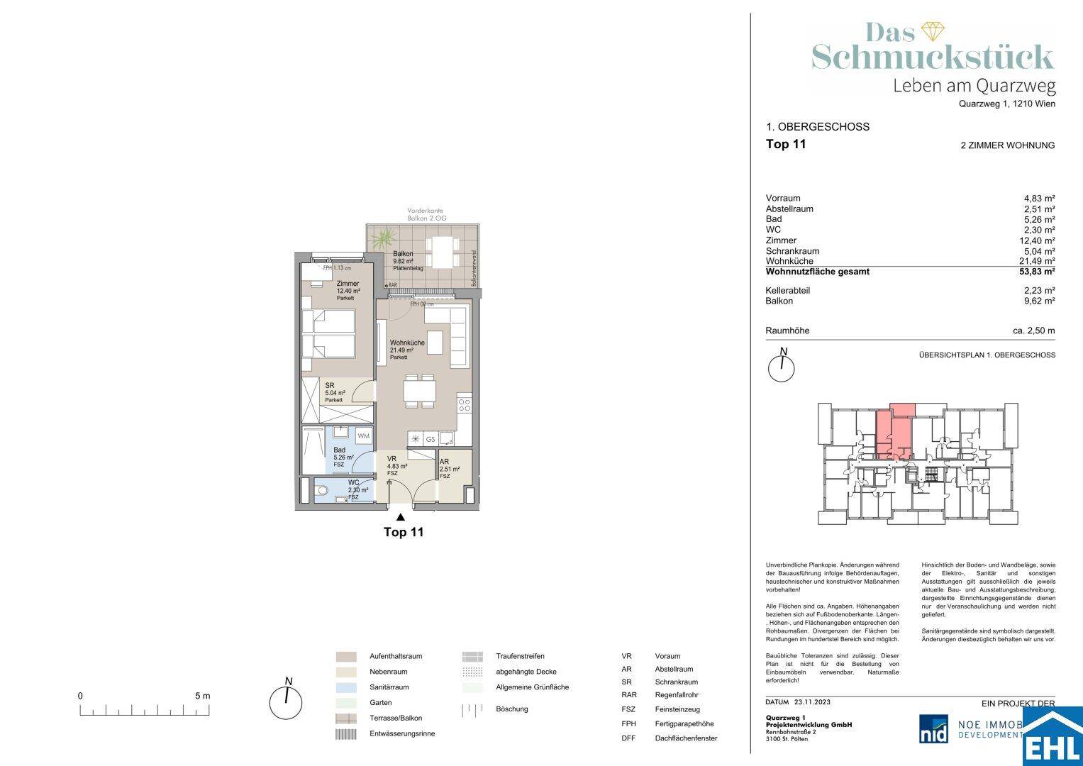 Grundriss der 2-Zimmer-Wohnung Top 11 mit Balkon und separatem WC.