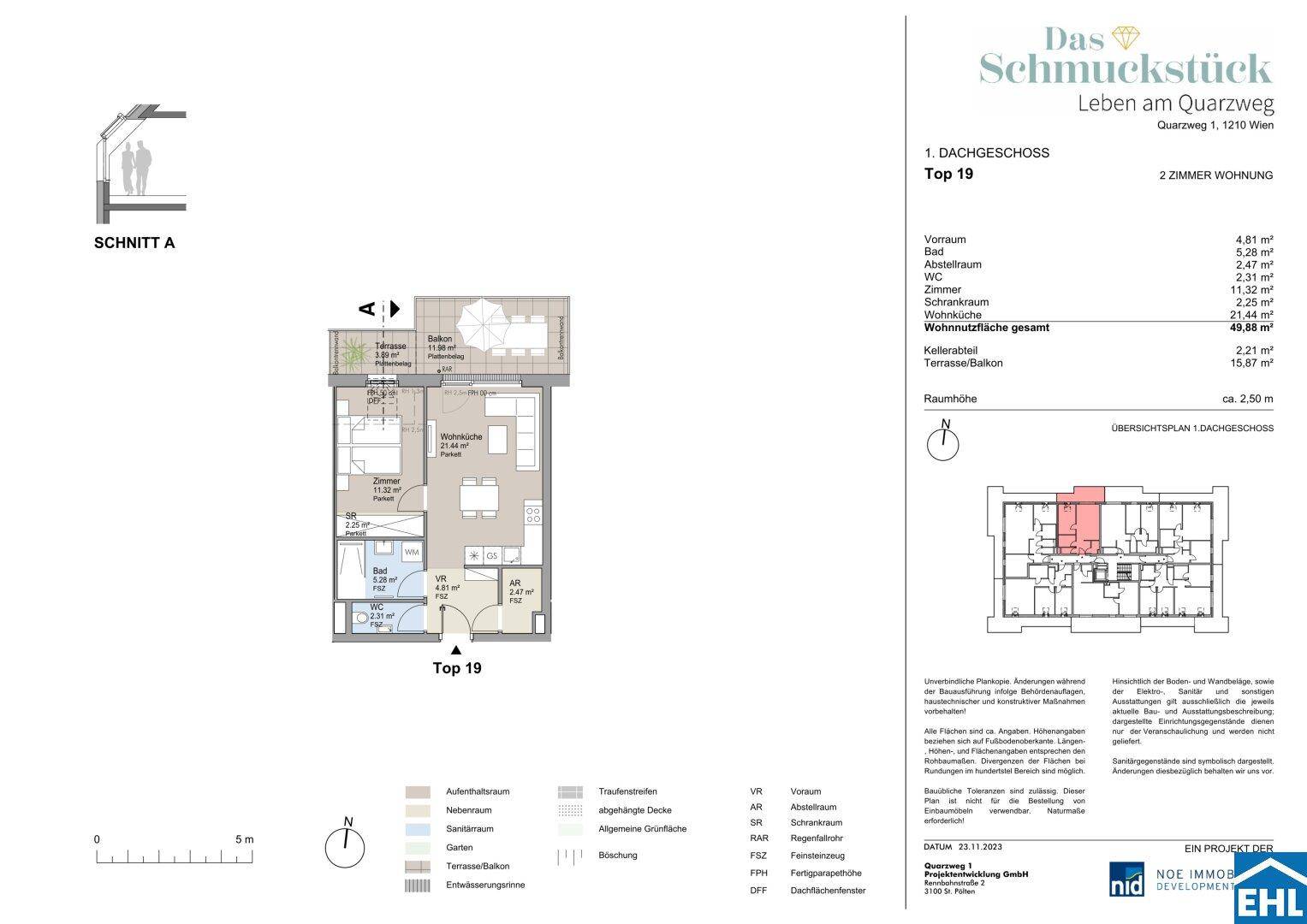 Grundriss der 2-Zimmer-Wohnung Top 19 im Dachgeschoss mit Balkon und Kellerabteil.