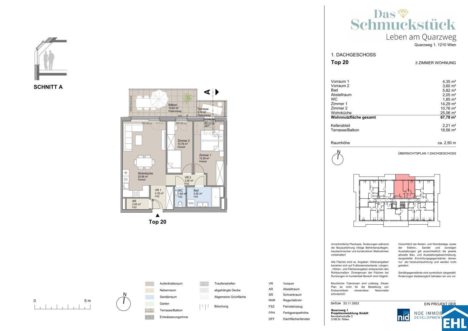 Grundriss einer modernen Dachgeschosswohnung mit offener Wohnküche, zwei Schlafzimmern, Bad, separatem WC und großer Dachterrasse.