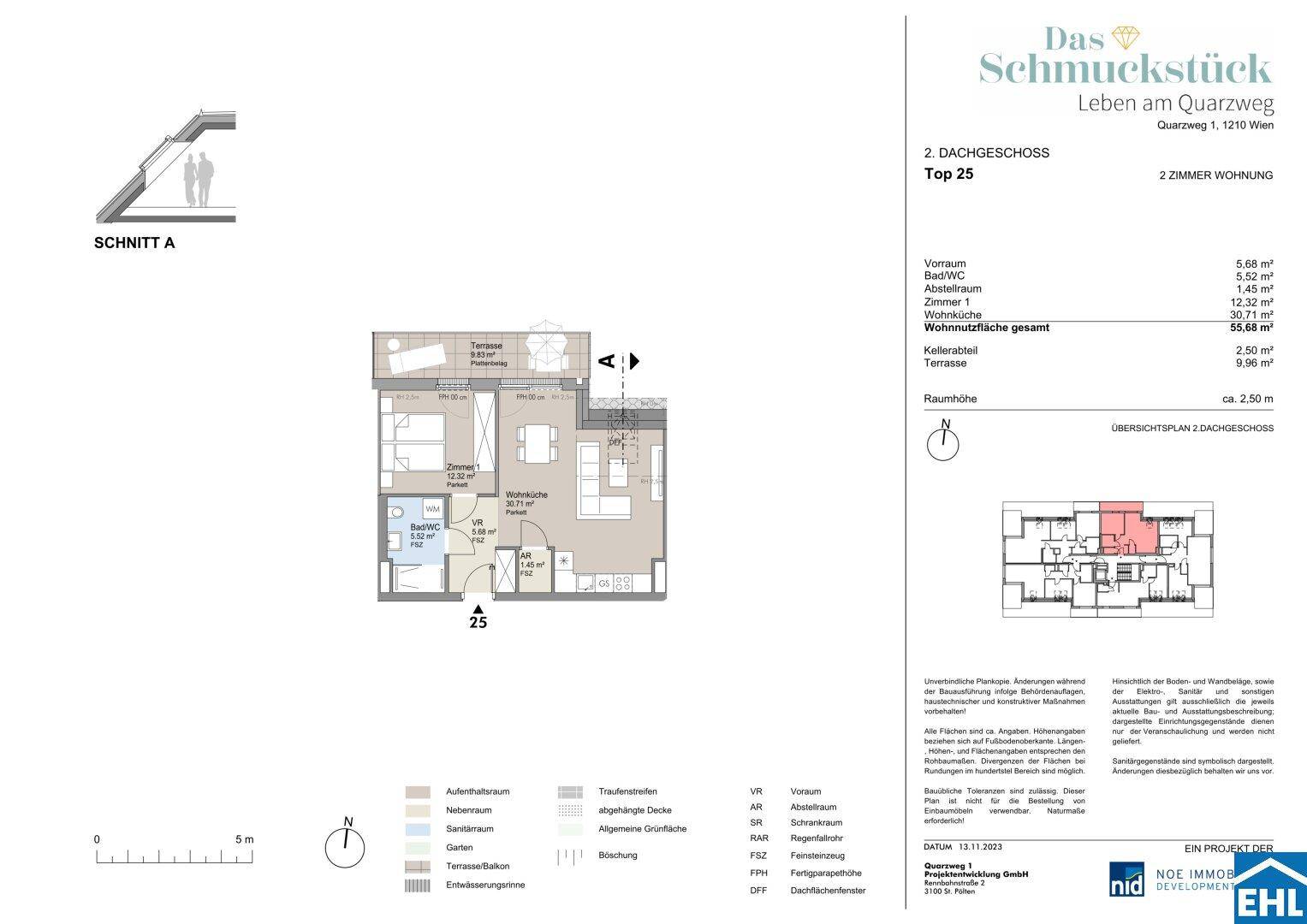 Grundriss der 2-Zimmer-Wohnung Top 25 mit Schlafzimmer, Wohnbereich und Terrasse.