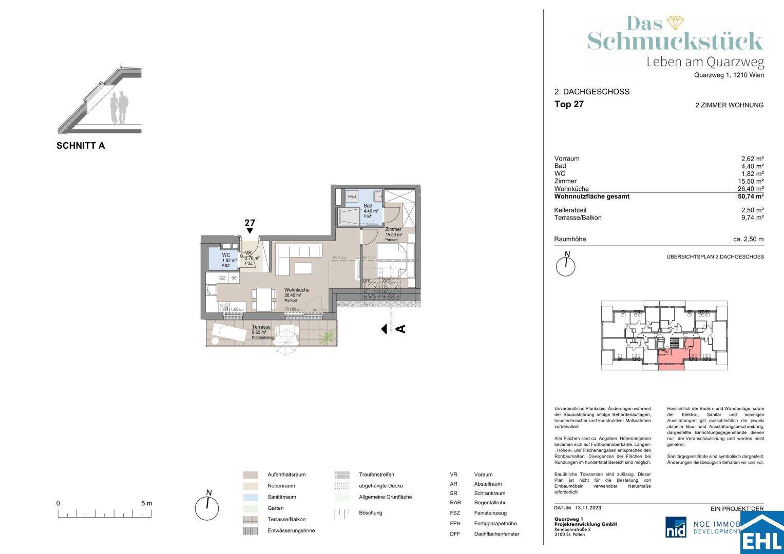 Grundriss einer 2-Zimmer-Wohnung im Dachgeschoss mit offener Wohnküche und großer Terrasse.