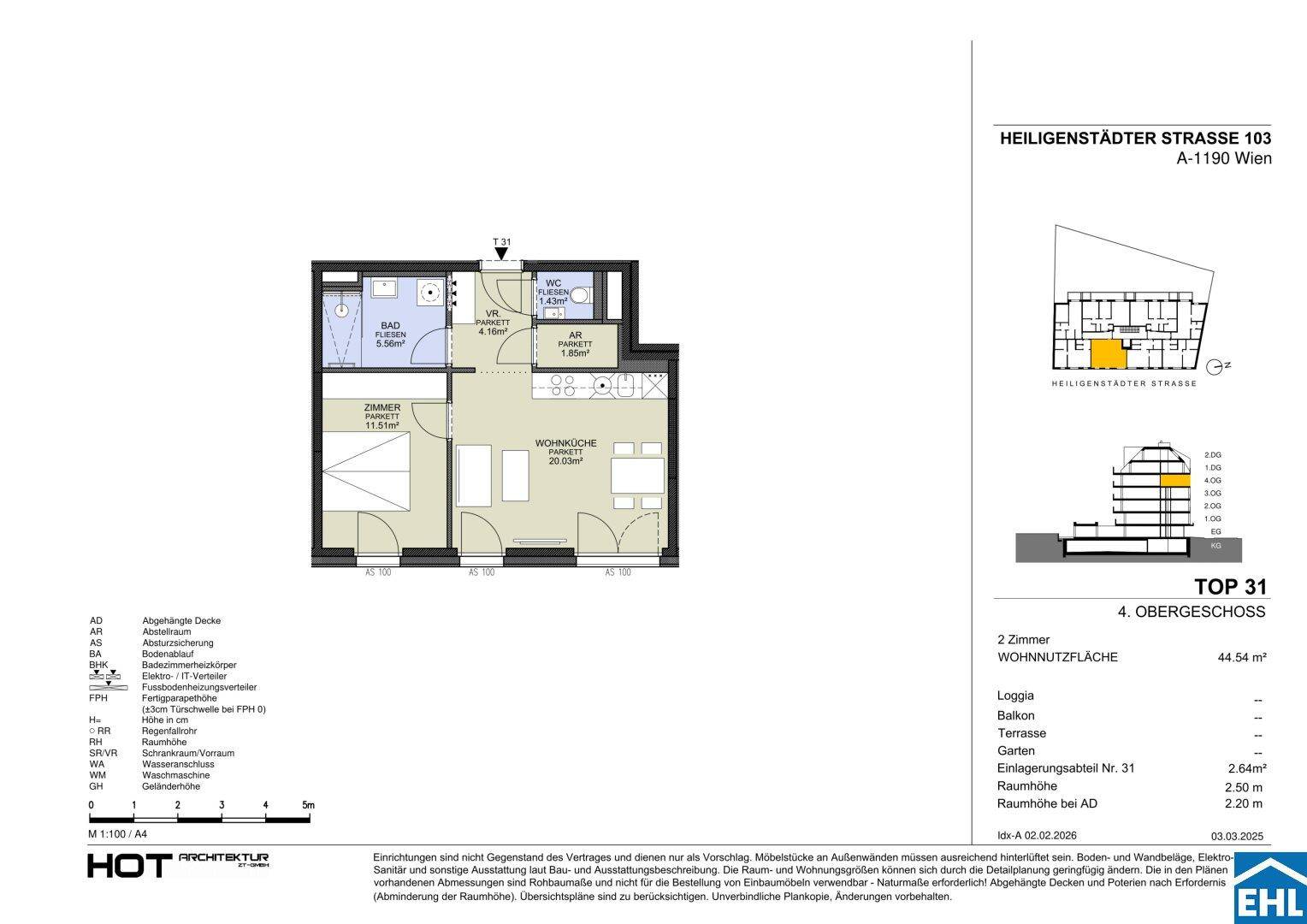 Grundriss einer 2-Zimmer-Wohnung mit offener Wohnküche, Schlafzimmer, Bad und separatem WC.