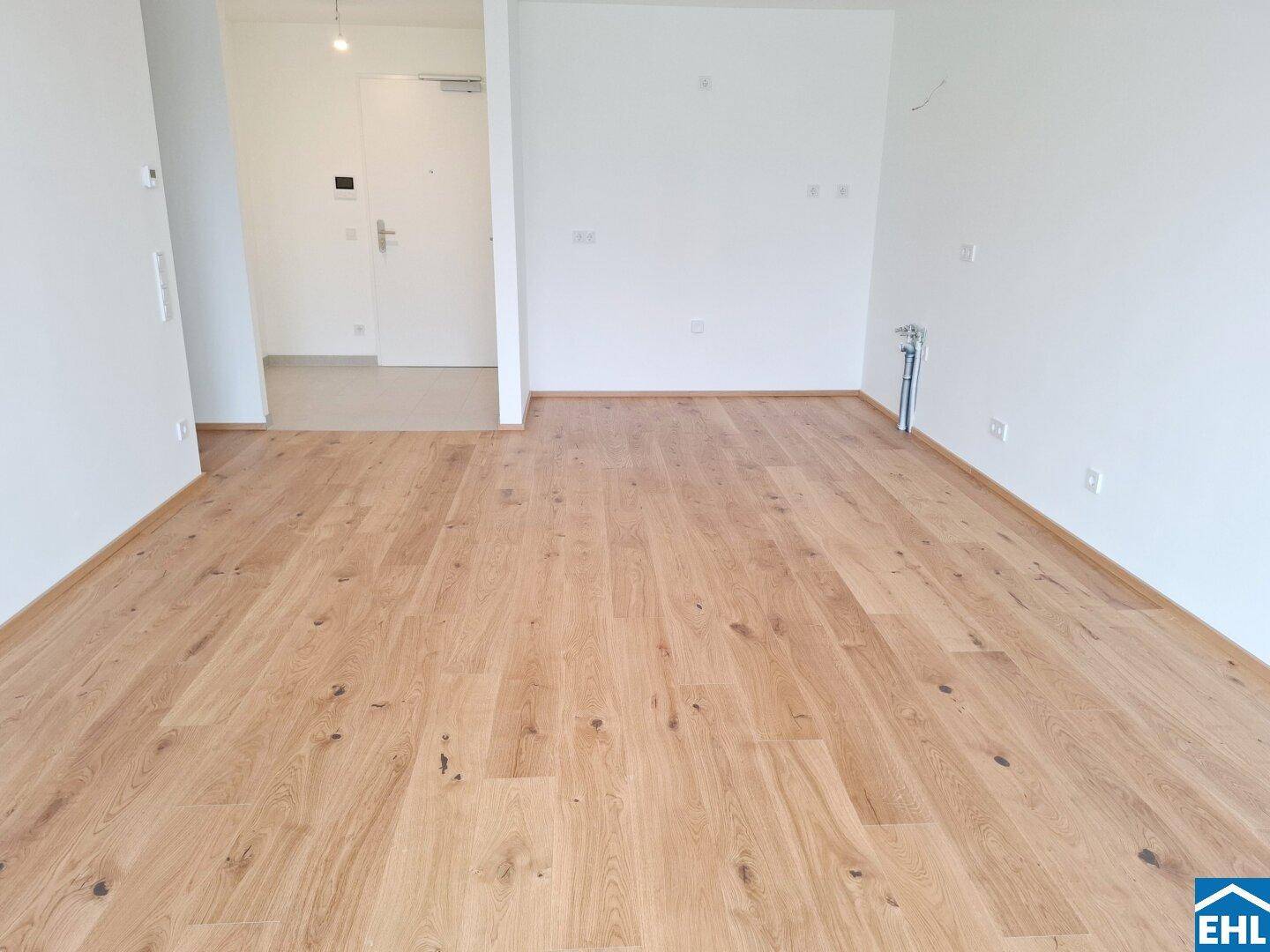 Heller Eingangsbereich mit Holzboden und Zugang zu weiteren Räumen.