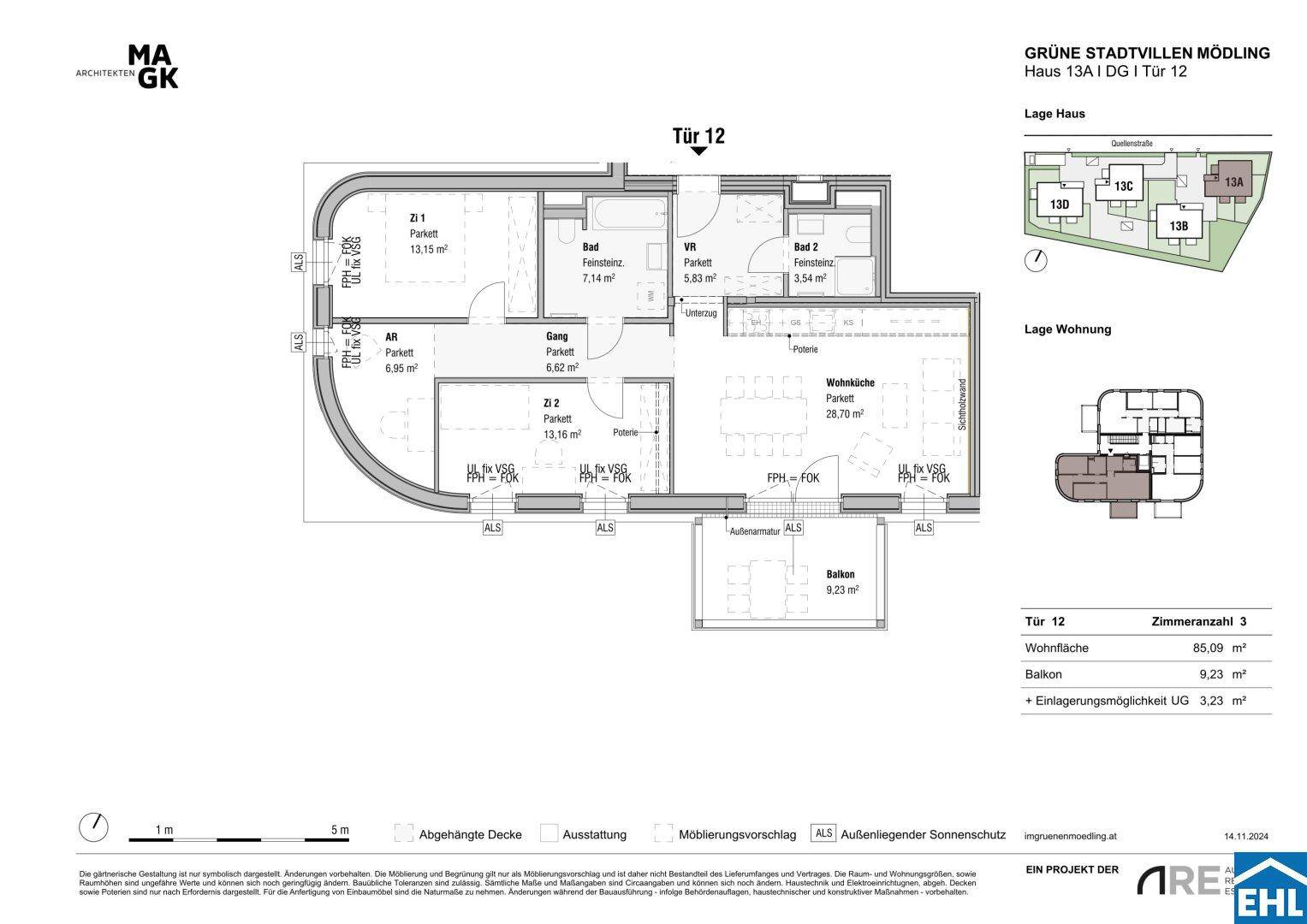 Grundriss einer Wohnung mit drei Zimmern, zwei Bädern, offener Wohnküche und einem Balkon.