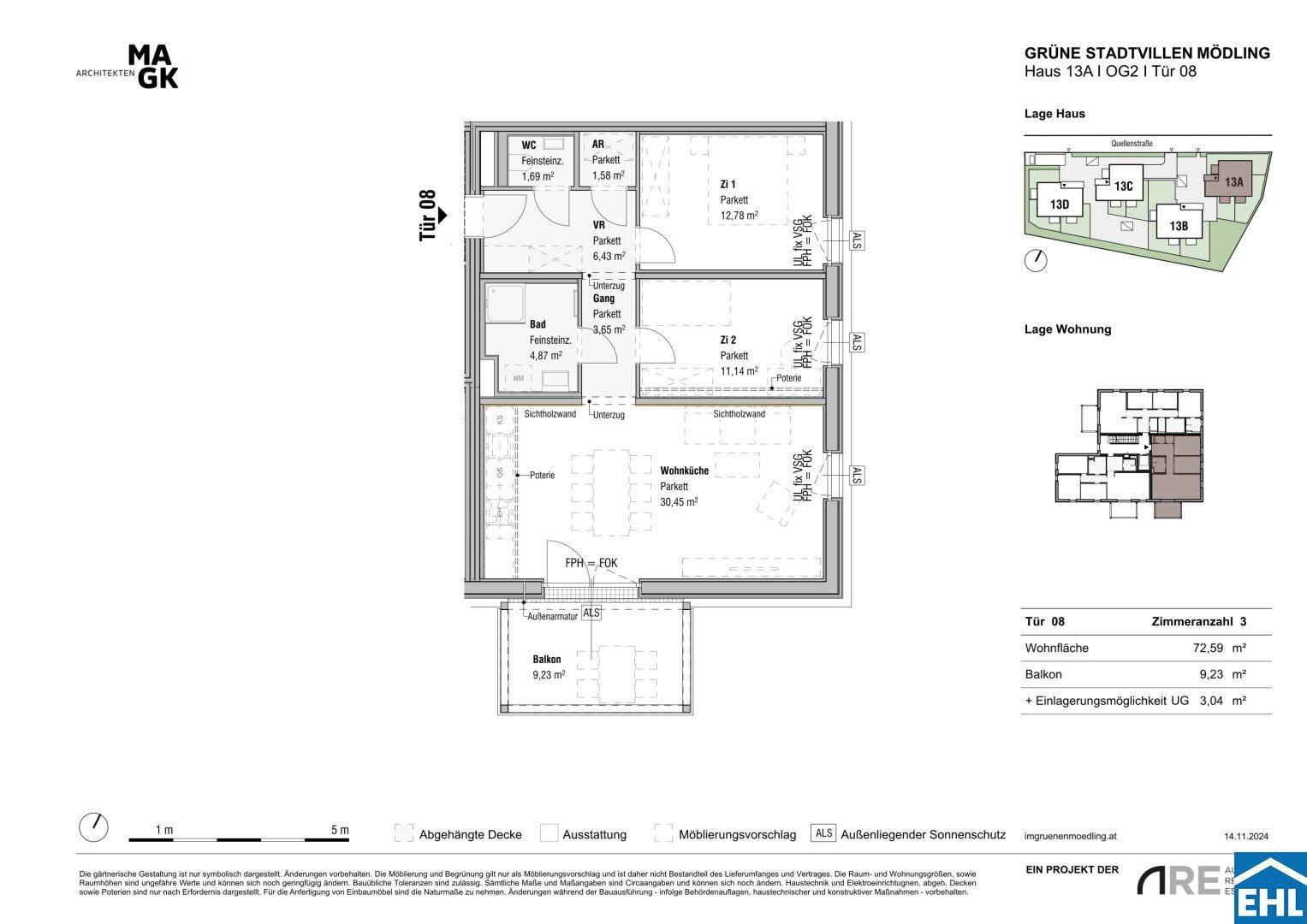 Detaillierter Grundriss einer Wohnung mit offener Wohnküche, zwei Schlafzimmern und einem Balkon.