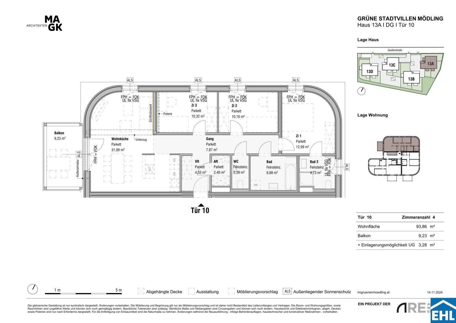 Detaillierter Grundriss einer modernen Wohnung mit drei Schlafzimmern, zwei Bädern, separatem WC und einem großzügigen Balkon.