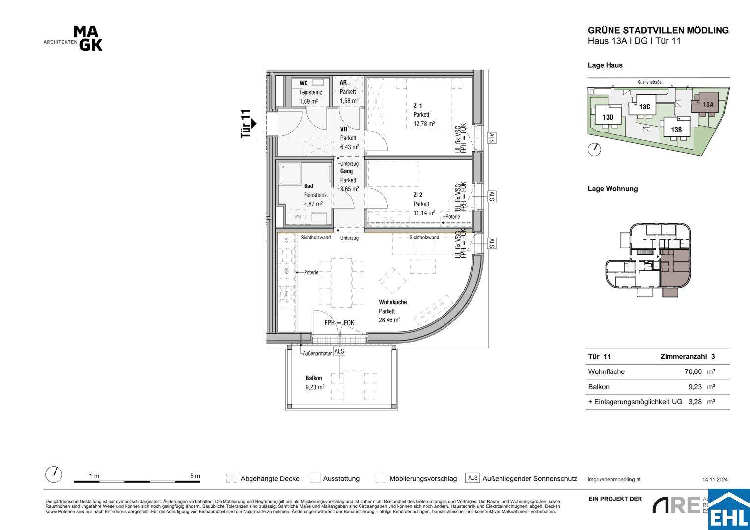 Grundriss der Wohnung mit offenem Wohn- und Küchenbereich, zwei Schlafzimmern, Bad, separatem WC und einem Balkon.