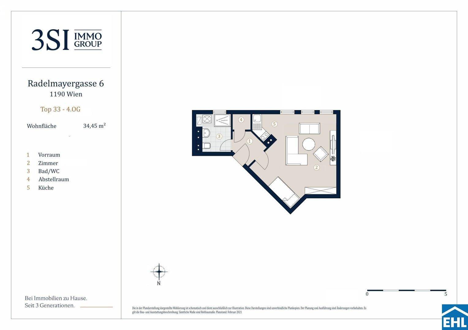 Grundriss der Wohnung Top 33 mit 34,45 m² Wohnfläche, inklusive Vorraum, Zimmer, Bad/WC, Abstellraum und Küche.