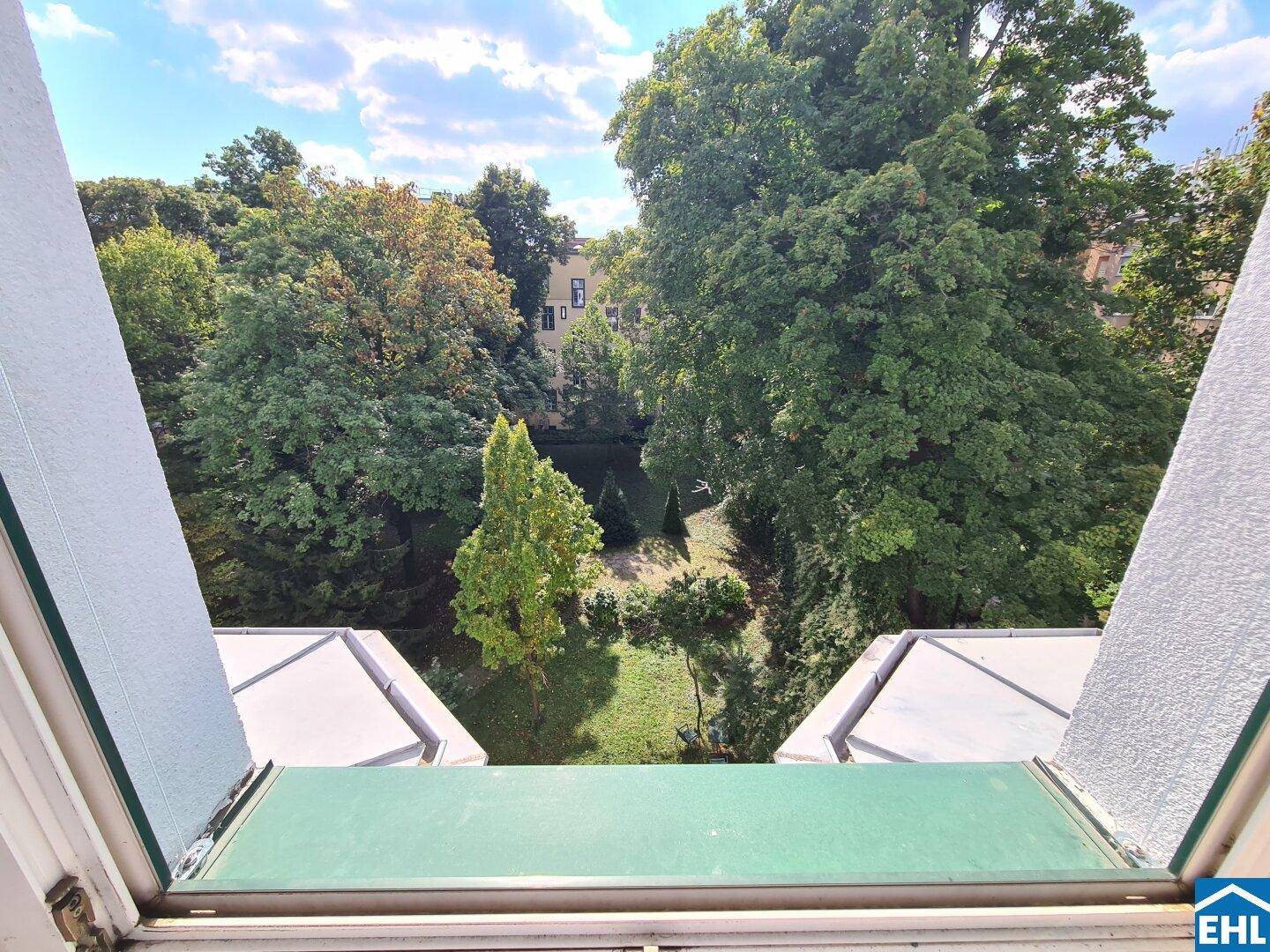 Blick aus dem Fenster auf einen grünen Innenhof mit altem Baumbestand und viel Natur.