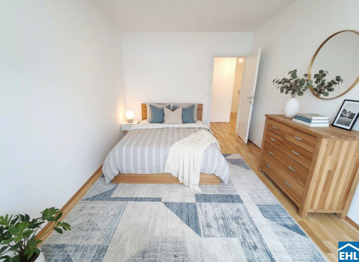 Modern eingerichtetes Schlafzimmer mit Holzbett, Kommode und Teppich, bietet eine ruhige Atmosphäre.