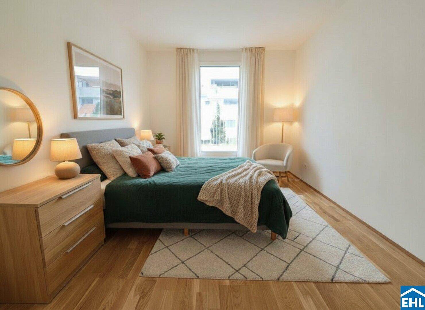 Gemütliches Schlafzimmer mit großem Bett, Nachttischen und Teppich, bietet eine entspannende Umgebung.