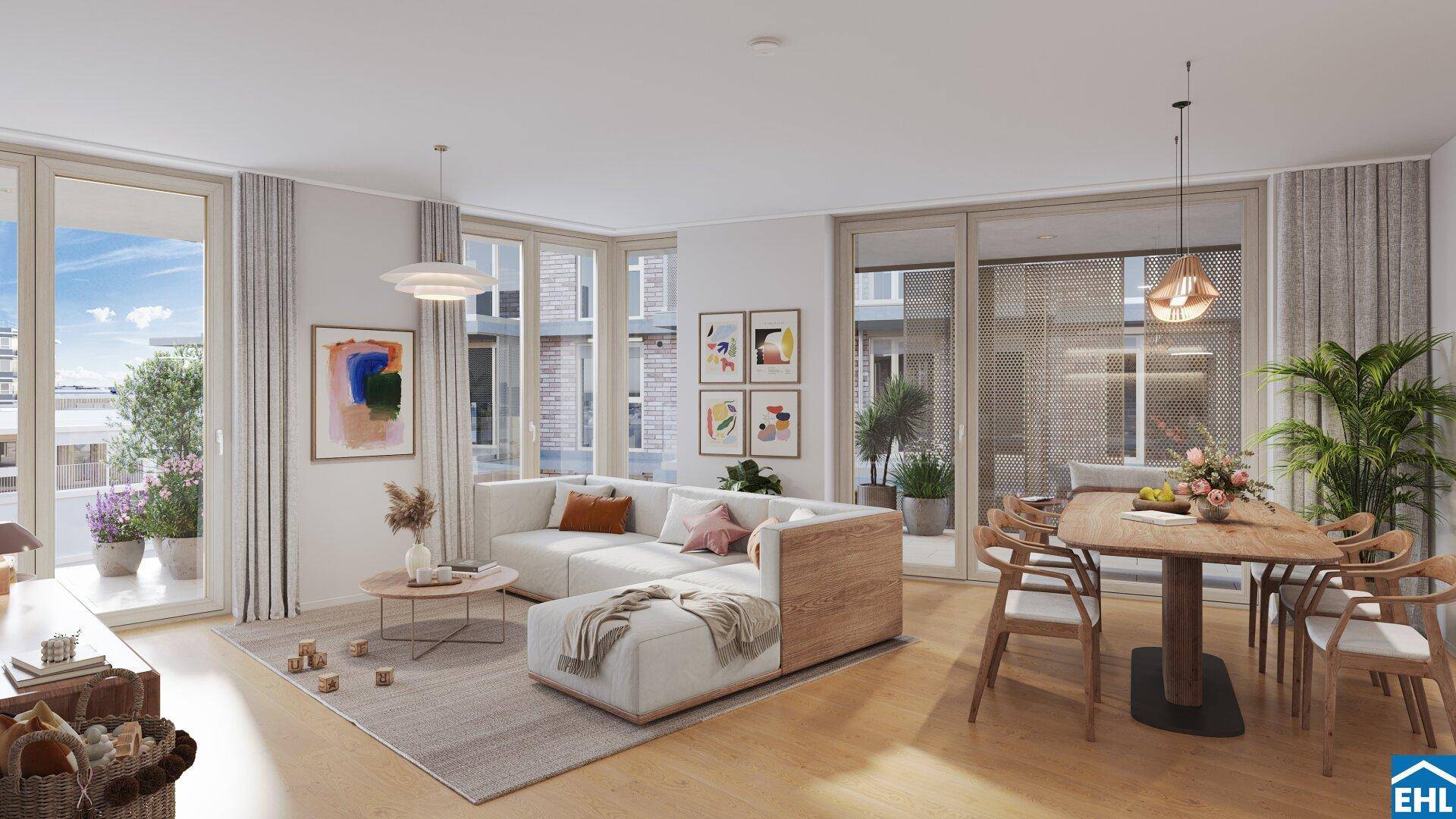 Heller, offener Wohn-Essbereich mit modernem Design, Holzboden und direktem Zugang zu einem Balkon.