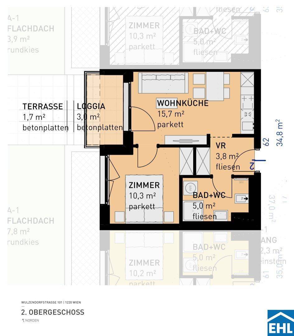 Grundriss einer Wohnung mit offener Wohnküche, zwei Schlafzimmern, zwei Bädern, Loggia und Terrasse.
