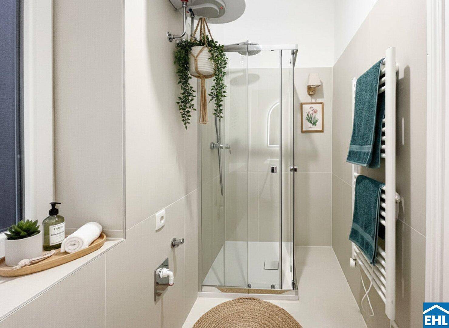 Modernes Badezimmer mit Duschkabine, beigen Fliesen und beheiztem Handtuchhalter.