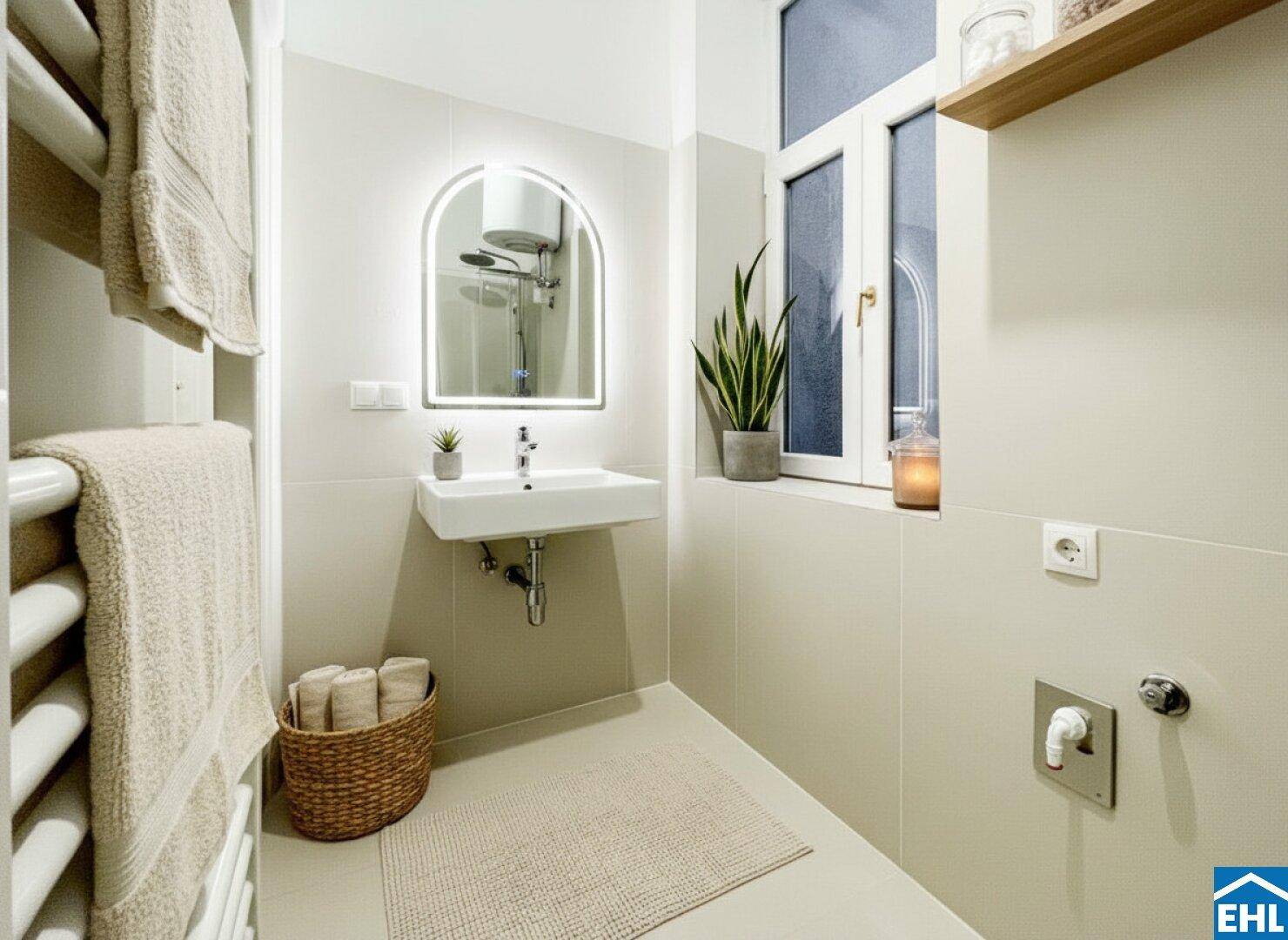 Kompaktes Badezimmer mit modernem Waschbecken, beleuchtetem Spiegel und Handtuchheizkörper.