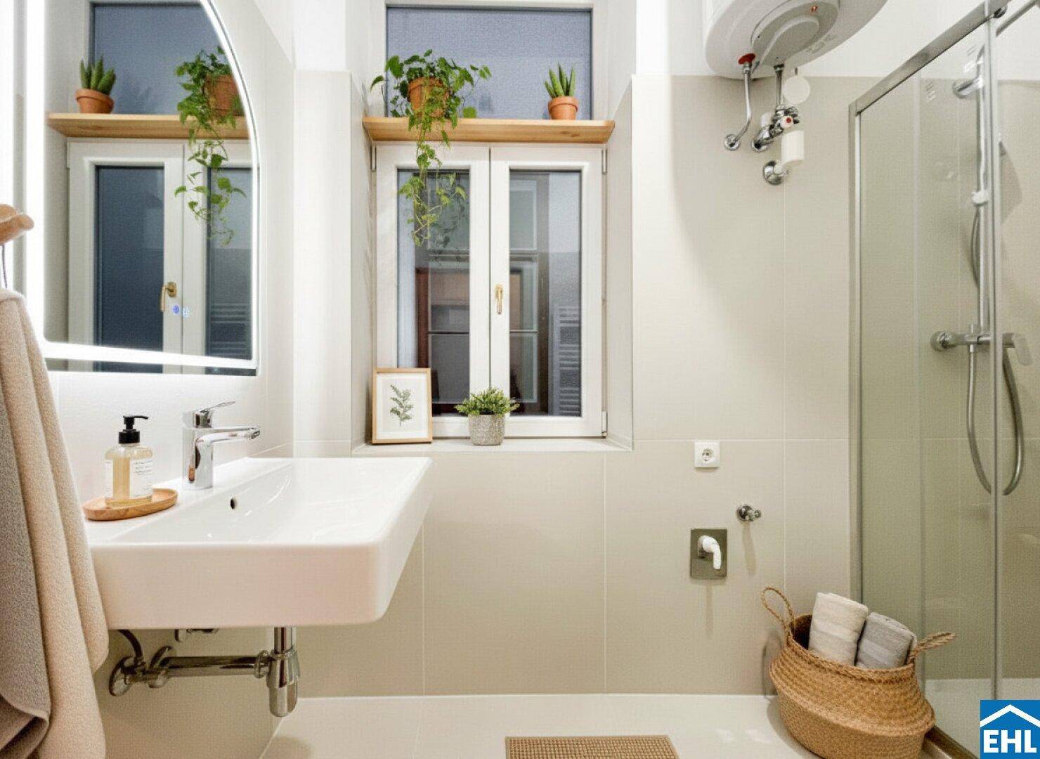 Helles Badezimmer mit Waschbecken, Duschkabine und Fenster mit Pflanzen auf der Fensterbank.
