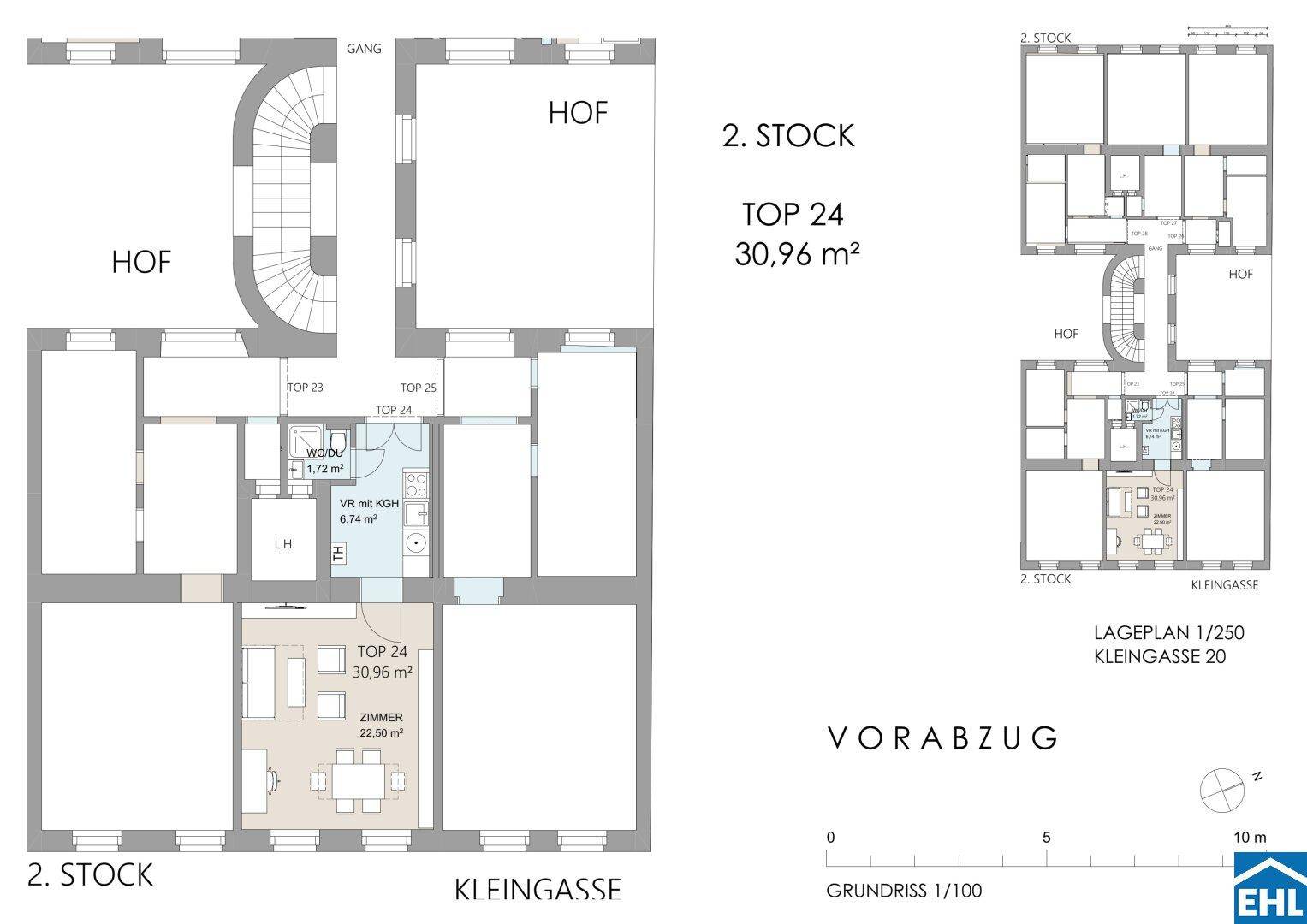 Grundriss der Wohnung Top 24 im 2. Stock mit 30,96 m² und effizienter Raumaufteilung.