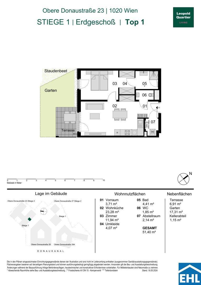 Grundriss einer Erdgeschosswohnung mit Terrasse und eigenem Gartenbereich.